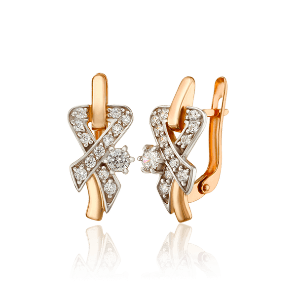 Сережки из комбинированного золота с фианитами 033477 детальное изображение ювелирного изделия Золотые серьги
