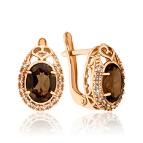 обзорное фото Золотые серьги с дымчастым кварцем и фианитами Экстравагантность 035222  Золотые серьги