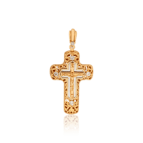 обзорное фото Обьемный золотой крестик с эмалью и фианитами Распятие 031561  Золотые подвески