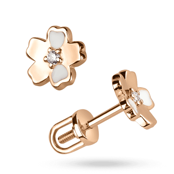 Серьги-гвоздики в красном золоте Цветочек с белой эмалью и фианитом 040931 детальное изображение ювелирного изделия Золотые серьги с эмалью Серьги-гвоздики в красном золоте Цветочек с белой эмалью и фианитом 040931 детальное изображение ювелирного изделия Золотые серьги с эмалью