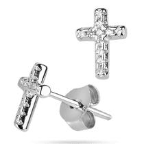 обзорное фото Маленькие серьги - пусеты на зажиме Кресты с белыми фианитами 925 пробы 039648  Серебряные серьги с камнями