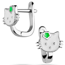 обзорное фото Серебряные детские серьги Hello Kitty с белой и зеленой эмалью 039460 Детские серебряные серьги  обзорное фото Серебряные детские серьги Hello Kitty с белой и зеленой эмалью 039460  Детские серебряные серьги