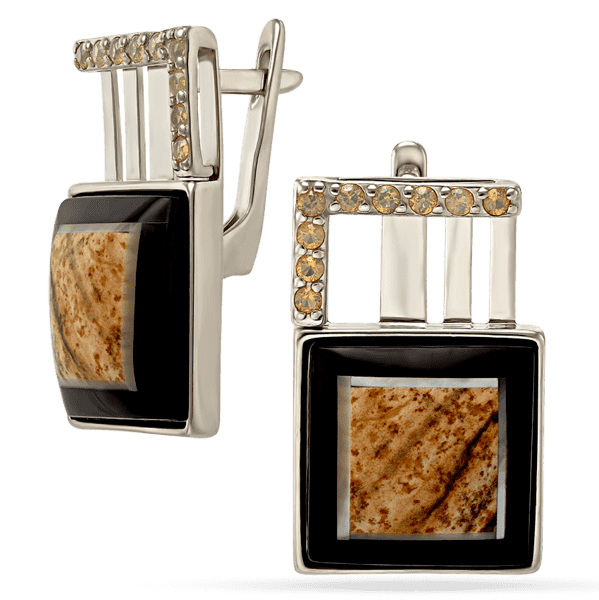 Серебряные серьги с агатом и фианитами 038290 детальное изображение ювелирного изделия Серебряные серьги с камнями