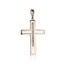 обзорное фото Золотой декоративный женский крестик с инкрустацией камнями 032210 Крестики женские обзорное фото Золотой декоративный женский крестик с инкрустацией камнями 032210  Крестики женские