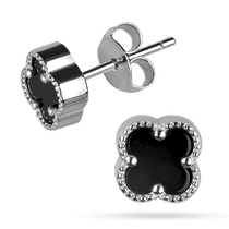 обзорное фото Серебряные серьги маленький Клевер с ониксом 038345 Серебряные серьги с камнями обзорное фото Серебряные серьги маленький Клевер с ониксом 038345  Серебряные серьги с камнями