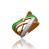 обзорное фото Золотое кольцо с фианитами и зеленой эмалью 030838  Эксклюзивные кольца из золота