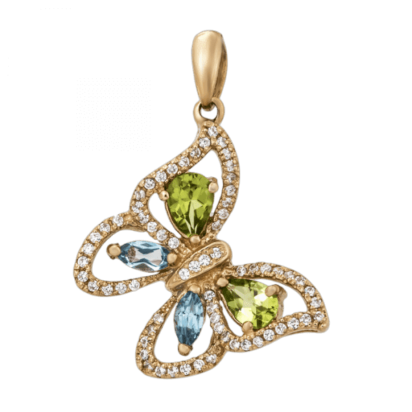Золотой кулон Бабочка с цветными камнями Золотой кулон Бабочка с цветными камнями