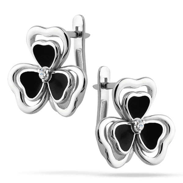 Серьги-пуссеты в белом золоте с трехлистным клевером эмалью и камешком фианит 040004 детальное изображение ювелирного изделия Золотые серьги с фианитом Серьги-пуссеты в белом золоте с трехлистным клевером эмалью и камешком фианит 040004 детальное изображение ювелирного изделия Золотые серьги с фианитом