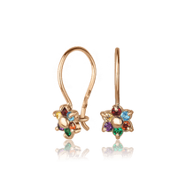 обзорное фото Золотые детские серьги на французском замке с цветными фианитами в виде Цветка 1,3,0821  Серьги с камнями