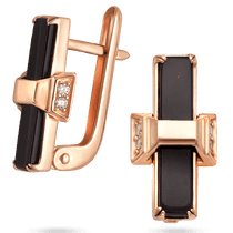 обзорное фото Женские серьги в красном золоте с белыми фианитами и черным агатом 039607 Золотые серьги с агатом обзорное фото Женские серьги в красном золоте с белыми фианитами и черным агатом 039607  Золотые серьги с агатом