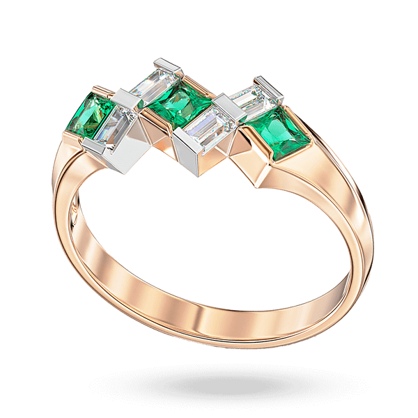 Комбинированное асимметричное кольцо с квадратными изумрудами и прямоугольными бриллиантами 