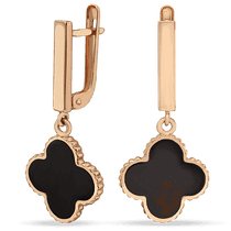 обзорное фото Сережки золотые с английским замком Клевер с черной эмалью 033819  Золотые серьги с эмалью