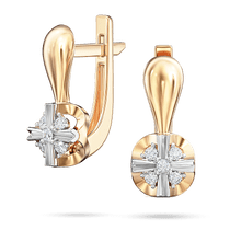 обзорное фото Золотые серьги с крестообразной композицией на элегантной основе инкрустированой бриллиантами 040504  Золотые серьги с бриллиантами