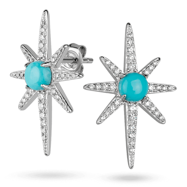 Серебряные серьги-пусеты Звезда с бирюзой и россыпью фианитов 039878 детальное изображение ювелирного изделия Серебряные серьги с камнями