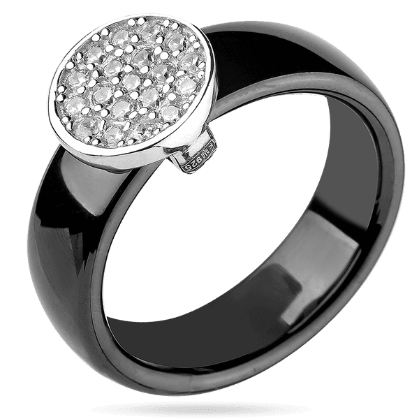 Масивна срібна каблучка з чорної кераміки та коло білих фіанітів 039407 детальне зображення ювелірного виробу Масивна срібна каблучка з чорної кераміки та коло білих фіанітів 039407 детальне зображення ювелірного виробу