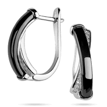 обзорное фото Серебряные серьги из черной керамики и белыми фианитами 039410 Серебряные серьги с камнями обзорное фото Серебряные серьги из черной керамики и белыми фианитами 039410  Серебряные серьги с камнями