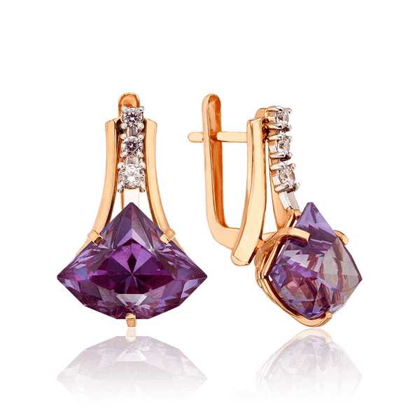 Золоті сережки з трикутним олександритом і фіанітами 034414 детальне зображення ювелірного виробу