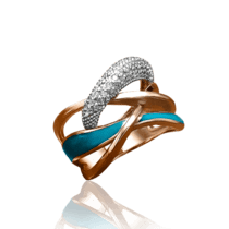 обзорное фото Золотое кольцо с фианитами и голубой эмалью 030837  Эксклюзивные кольца из золота