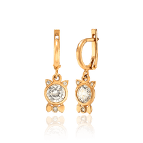 обзорное фото Золотые серьги подвески Котик с бантиком 033934  Золотые серьги