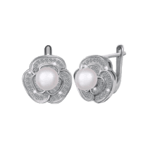 обзорное фото Серебряные серьги с жемчугом и фианитом 025557  Серебряные серьги с камнями