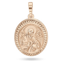 обзорное фото Золотая овальная ладанка "Страстная икона Божией Матери" с плетеным орнаментом на рамке 040671  Золотые подвески иконки