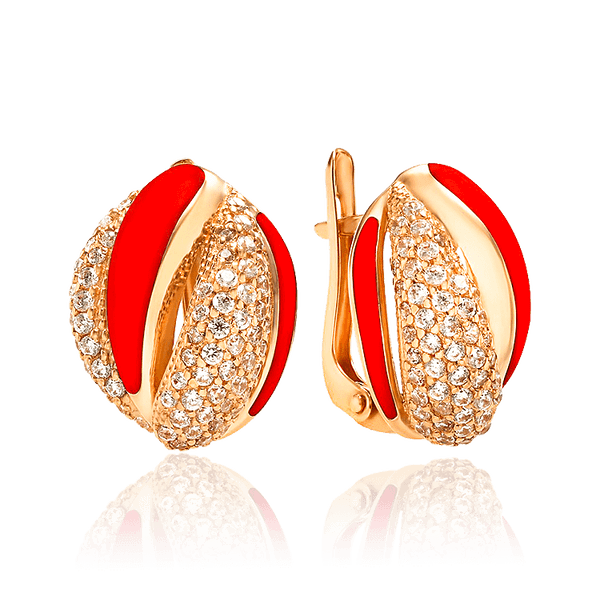 Золотые сережки с россыпью фианитов и красной эмалью 033927 детальное изображение ювелирного изделия Золотые серьги Золотые сережки с россыпью фианитов и красной эмалью 033927 детальное изображение ювелирного изделия Золотые серьги