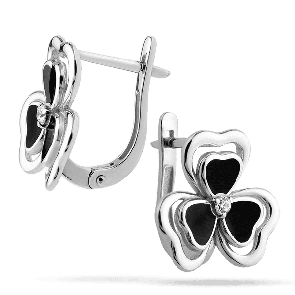 Серьги-пуссеты в белом золоте с трехлистным клевером эмалью и камешком фианит Серьги-пуссеты в белом золоте с трехлистным клевером эмалью и камешком фианит
