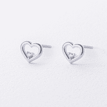 обзорное фото Серьги-пусеты в белом золоте сердечки с фианитом 040985  Золотые серьги с фианитом