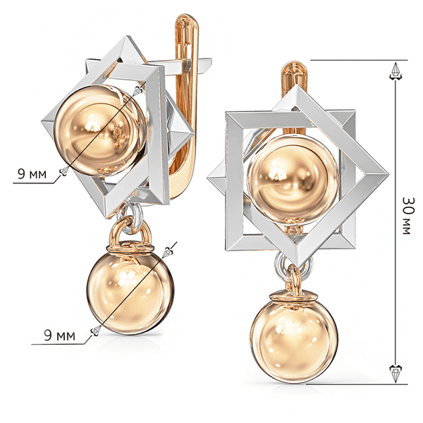 Комбинированные серьги с двумя белыми квадратными рамками под разными углами и шариками Комбинированные серьги с двумя белыми квадратными рамками под разными углами и шариками