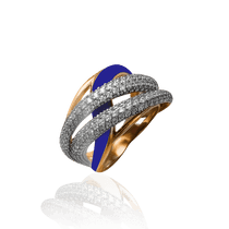 обзорное фото Золотое кольцо с синей эмалью и фианитами 030810 Эксклюзивные кольца из золота обзорное фото Золотое кольцо с синей эмалью и фианитами 030810  Эксклюзивные кольца из золота
