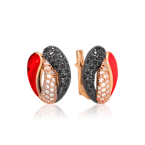 обзорное фото Золотые серьги с красной эмалью нанокристаллами и фианитами 030869 Золотые серьги с эмалью обзорное фото Золотые серьги с красной эмалью нанокристаллами и фианитами 030869  Золотые серьги с эмалью