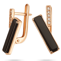 обзорное фото Стильные прямоугольные серьги с черным агатом и белыми фианитами в красном золоте 039610 Золотые серьги с агатом обзорное фото Стильные прямоугольные серьги с черным агатом и белыми фианитами в красном золоте 039610  Золотые серьги с агатом