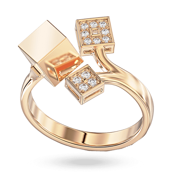 Золотое разомкнутое кольцо Куб с гладким кубом и инкрустированными фианитами квадратов Золотое разомкнутое кольцо Куб с гладким кубом и инкрустированными фианитами квадратов