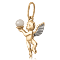 обзорное фото Золотой кулон Ангел с жемчугом 62113  Золотые кулоны с жемчугом