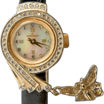 обзорное фото Золотые часы с подвеской бабочка, кожаный ремешок 036187  Женские золотые часы