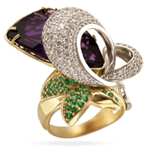 обзорное фото Роскошное кольцо из лимонного золота с аметистом и фианитами 036935  Золотые кольца
