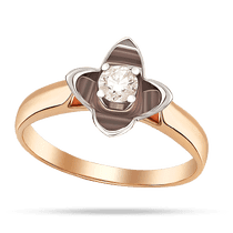 оглядове фото Золота елегантна каблучка з 4 пелюсток квітки та камінчиком діамантом всередині 040301