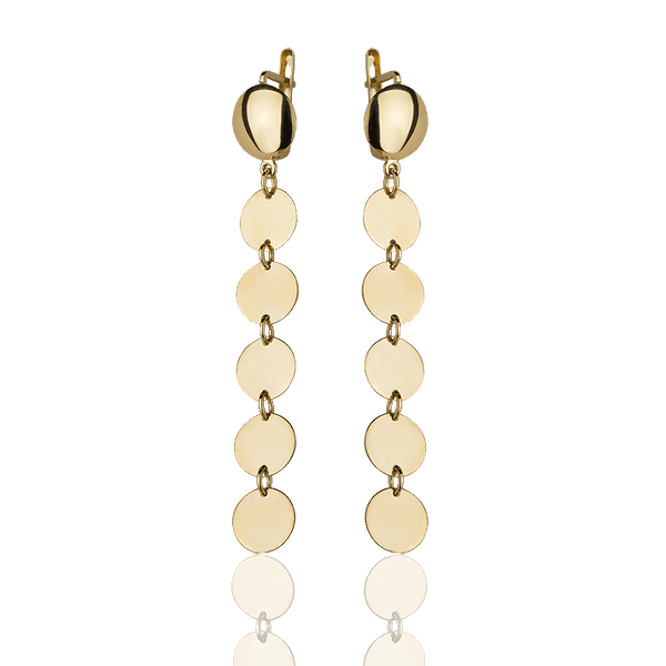 Серьги в желтом золоте на английском замке с подвесными элементами без вставок 027874 детальное изображение ювелирного изделия Золотые серьги без вставок Серьги в желтом золоте на английском замке с подвесными элементами без вставок 027874 детальное изображение ювелирного изделия Золотые серьги без вставок