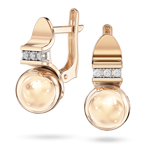 Золотые серьги украшены большим шариком и фианитами в белых крапанах и плавных изгибах 040915 детальное изображение ювелирного изделия Золотые серьги с фианитом