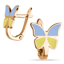 обзорное фото Золотые серьги с голубой и желтой эмалью Бабочка 038888  Золотые серьги с эмалью обзорное фото Золотые серьги с голубой и желтой эмалью Бабочка 038888   Золотые серьги с эмалью