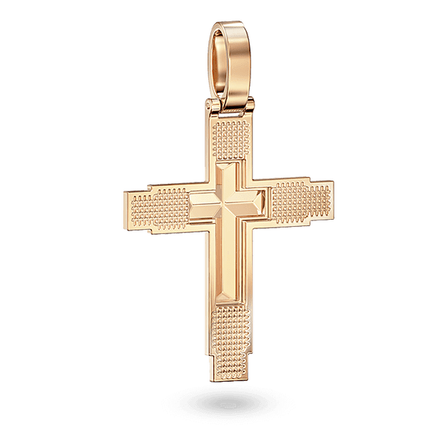 Золотая рельефная подвеска в форме креста, выполнена в геометрическом стиле со вставками черной эмали Золотая рельефная подвеска в форме креста, выполнена в геометрическом стиле со вставками черной эмали