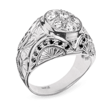 обзорное фото Кольцо из белого золота с черными и белыми бриллиантами R0718 Золотые кольца с черным бриллиантом обзорное фото Кольцо из белого золота с черными и белыми бриллиантами R0718  Золотые кольца с черным бриллиантом