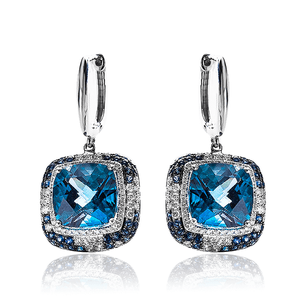 Массивные серьги из белого золота с Лондон топазом, сапфирами и бриллиантами 034011 детальное изображение ювелирного изделия Золотые серьги Массивные серьги из белого золота с Лондон топазом, сапфирами и бриллиантами 034011 детальное изображение ювелирного изделия Золотые серьги