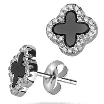 обзорное фото Серебряные серьги - пусеты Клевер с ониксом и фианитами 039465 Серебряные серьги с камнями обзорное фото Серебряные серьги - пусеты Клевер с ониксом и фианитами 039465  Серебряные серьги с камнями
