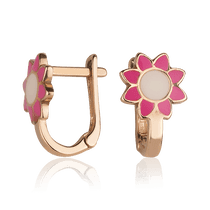 обзорное фото Золотые серьги с эмалью Цветочки 028161 Серьги без камней обзорное фото Золотые серьги с эмалью Цветочки 028161  Серьги без камней