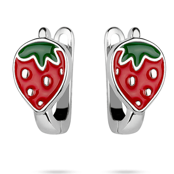 Дитячі сережки на англійській застібці Полунички в червоно - зеленою емаллю 039555 детальне зображення ювелірного виробу Дитячі сережки на англійській застібці Полунички в червоно - зеленою емаллю 039555 детальне зображення ювелірного виробу