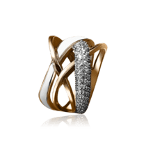 обзорное фото Золотое кольцо с фианитами и белой эмалью 030839  Эксклюзивные кольца из золота