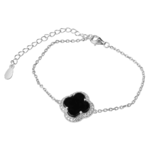 обзорное фото Браслет из серебра 925 пробы Клевер с ониксом и фианитами с дополнительной цепочкой 039445  Серебряные женские браслеты