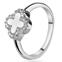 обзорное фото Серебряное кольцо с маленьким клевером с перламутром и фианитами 039437  Серебряные кольца со вставками