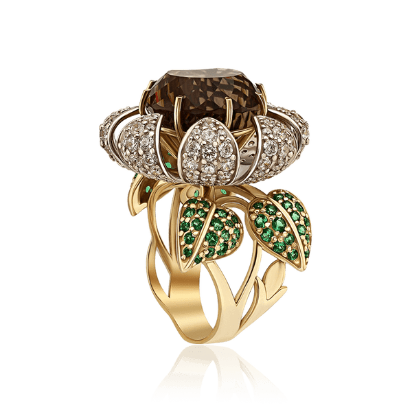 Оригинальное золотое кольцо цветок с кварцем и фианитами Оригинальное золотое кольцо цветок с кварцем и фианитами
